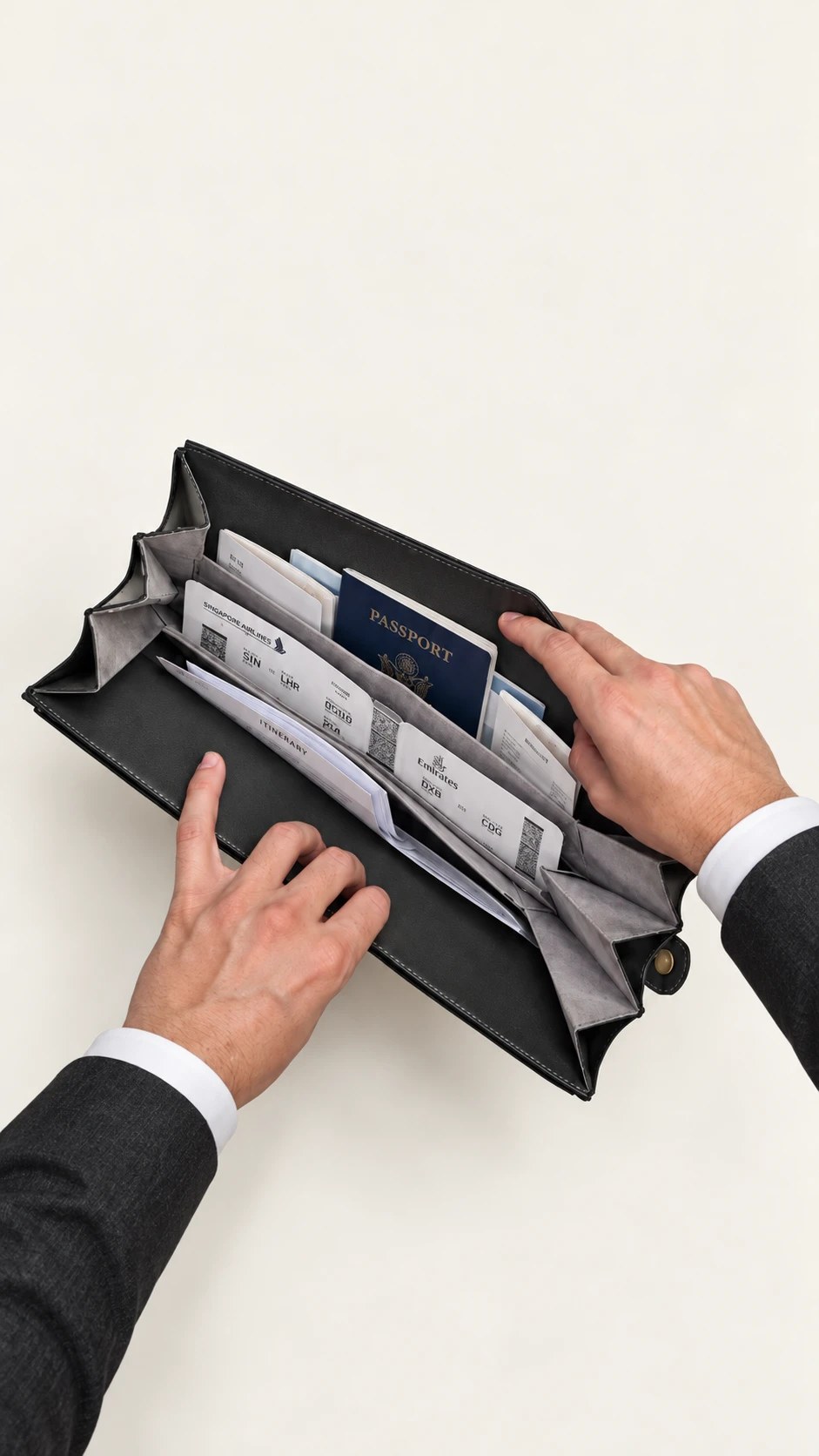 Top-down view of the NOVAIR folio opened out, its pockets holding a passport, boarding passes and an itinerary, two hands sorting through them